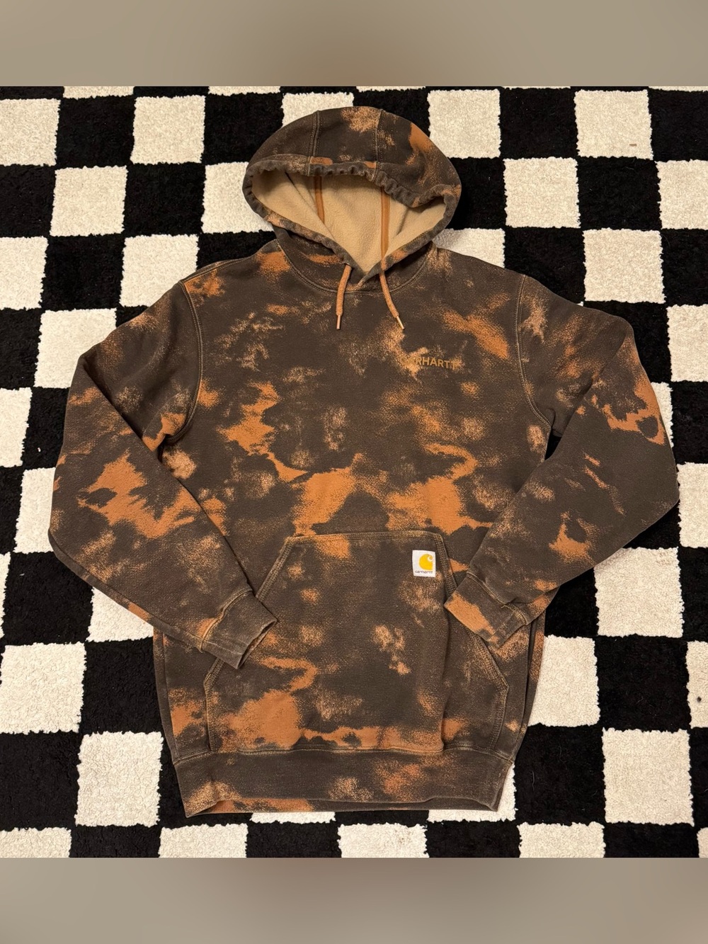 Carhartt Men’s Watercolor Camo Brown and Orange Tie-Dye Loose Fit Hoodie Size S